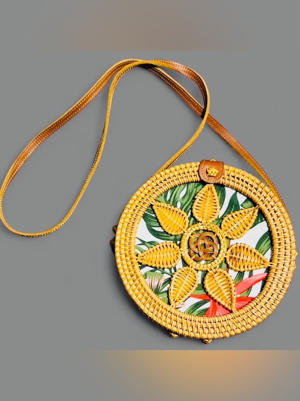 Yellow Round Woven Crossbody Bag with Floral Inlay